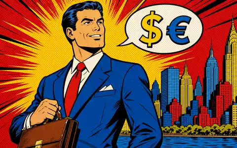 Commerzbank AG DE000CBK1001 präsentiert Pop-Art-Comic mit selbstbewusstem Banker vor stilisierter Skyline und Währungssymbolen - Foto: THN