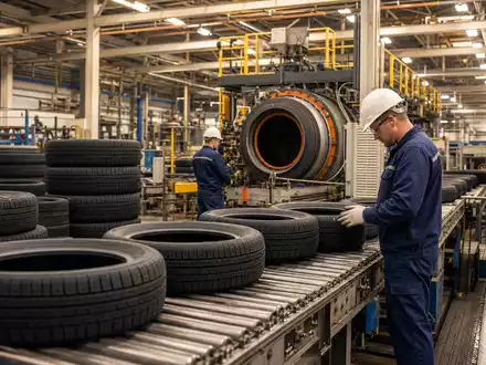 Fotorealistische Werkshalle zeigt Reifenproduktion und passt thematisch zu Continental AG, ISIN DE0005439004, Automobilzulieferer - Foto: THN