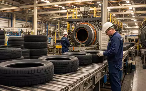 Fotorealistische Werkshalle zeigt Reifenproduktion und passt thematisch zu Continental AG, ISIN DE0005439004, Automobilzulieferer - Foto: THN