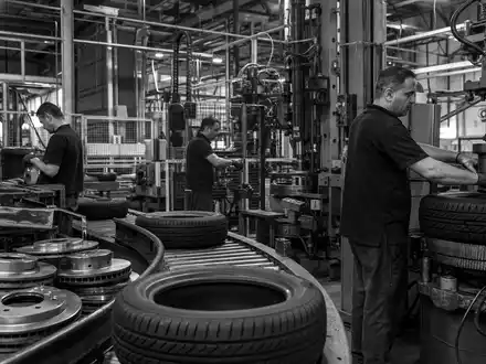 SchwarzweiĂ-Reportagebild dokumentiert Fabrikarbeit, thematisch verknĂŒpft mit Continental AG, ISIN DE0005439004, Zulieferbranche Automobil - Foto: THN