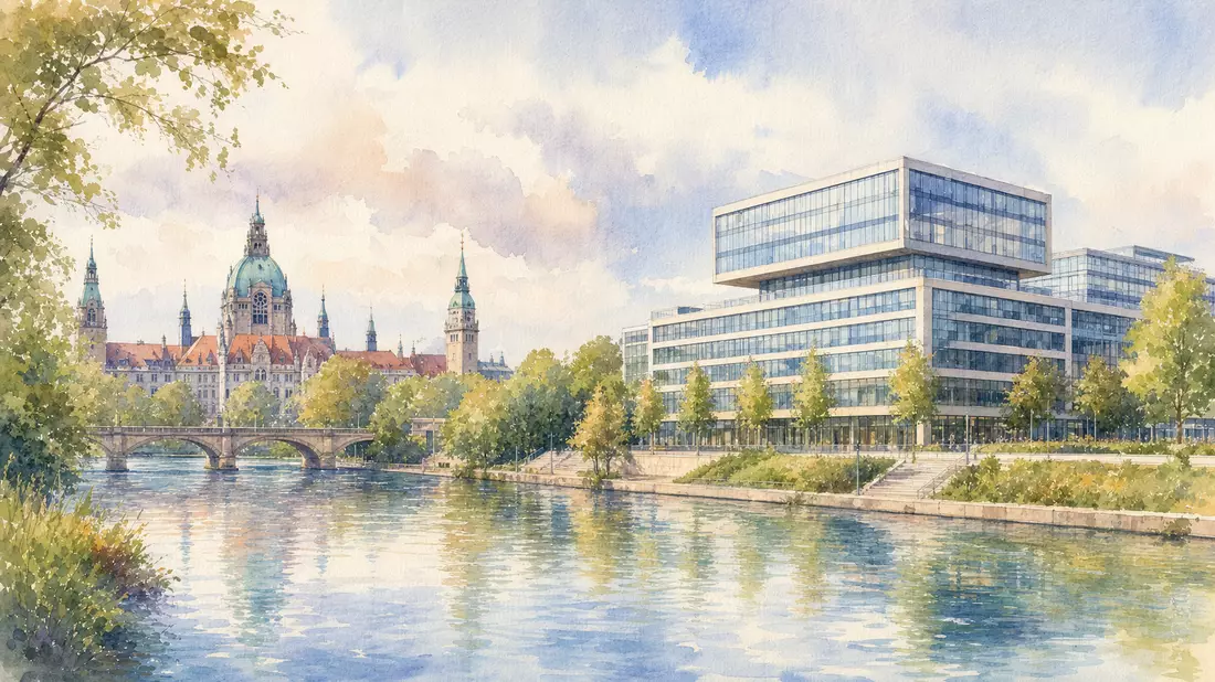 Aquarellmalerei der Stadt Hannover mit gläsernem Bürogebäude am Fluss