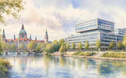 Aquarellansicht von Hannover mit modernem Bürogebäude symbolisiert Continental AG, ISIN DE0005439004, deutscher Automobilzulieferer Standort - Foto: THN