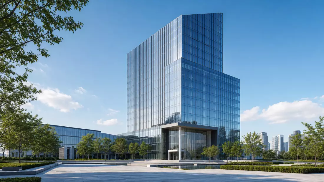 3D-Render eines modernen gläsernen Hochhaus-Firmensitzes bei Tageslicht