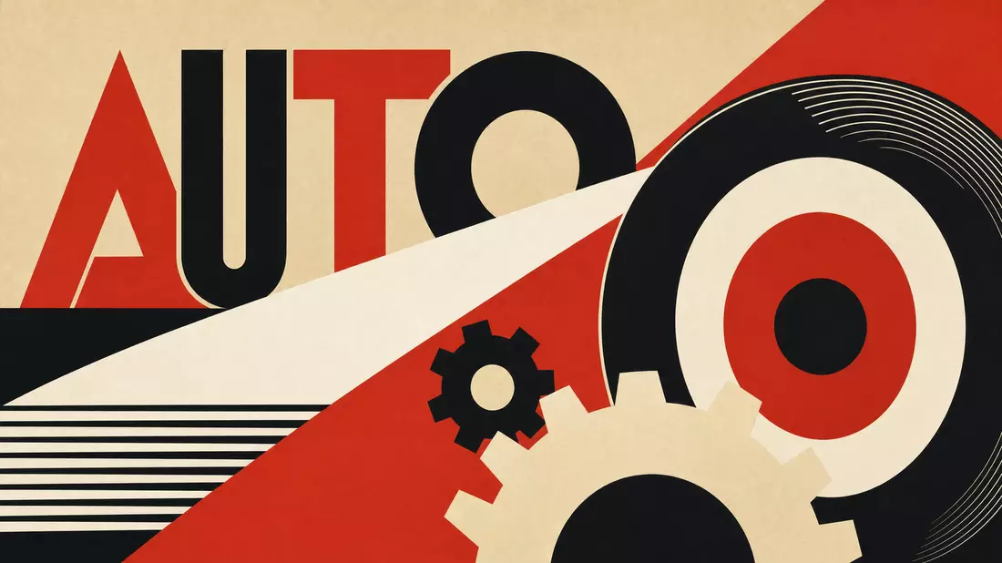 Bauhaus-Poster mit geometrischen Reifen- und Zahnradformen und Text AUTO