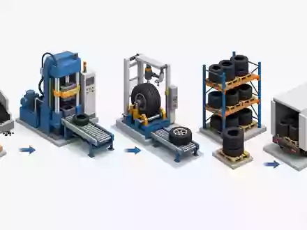Isometrische Wertschöpfungskette der Reifenfertigung illustriert Geschäftsmodell von Continental AG, ISIN DE0005439004, Automobilzulieferer Branche - Foto: THN