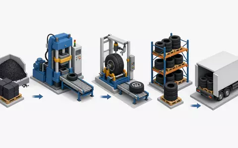 Isometrische Wertschöpfungskette der Reifenfertigung illustriert Geschäftsmodell von Continental AG, ISIN DE0005439004, Automobilzulieferer Branche - Foto: THN