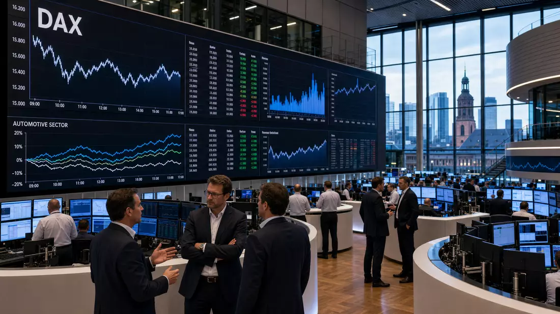 Trading-Floor in Frankfurt mit großen Bildschirmen und DAX-Kursdiagrammen