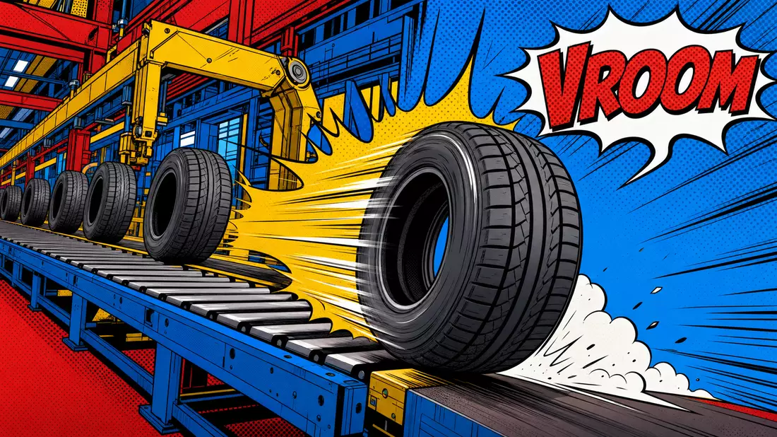 Bunte Pop-Art-Comicillustration eines rollenden Reifens mit Sprechblase VROOM