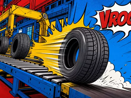 Farbenfrohe Pop-Art-Comicszene mit rollendem Reifen visualisiert spielerisch Continental AG, ISIN DE0005439004, Reifen- und Automobilzulieferindustrie - Foto: THN