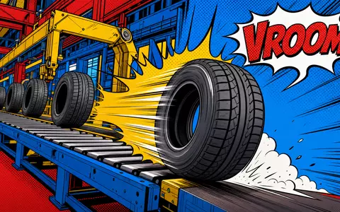 Farbenfrohe Pop-Art-Comicszene mit rollendem Reifen visualisiert spielerisch Continental AG, ISIN DE0005439004, Reifen- und Automobilzulieferindustrie - Foto: THN