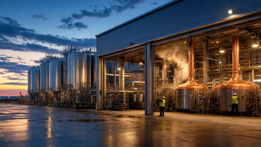 Moderne Brauerei mit Kupferkesseln und Stahltanks in der Abenddämmerung
