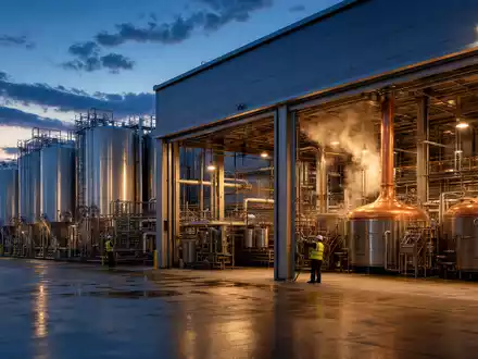 Heineken N.V. (NL0000009165) betreibt moderne industrielle Brauereianlagen mit großen Kesseln, Stahltanks und Kupferbehältern weltweit - Foto: THN