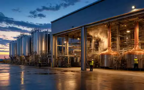 Heineken N.V. (NL0000009165) betreibt moderne industrielle Brauereianlagen mit groĂen Kesseln, Stahltanks und KupferbehĂ€ltern weltweit - Foto: THN