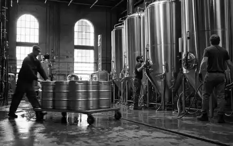 Heineken N.V. (NL0000009165) zeigt Brauereiarbeiter dokumentarisch in SchwarzweiĂ bei anstrengender Fassarbeit in der Produktionshalle - Foto: THN