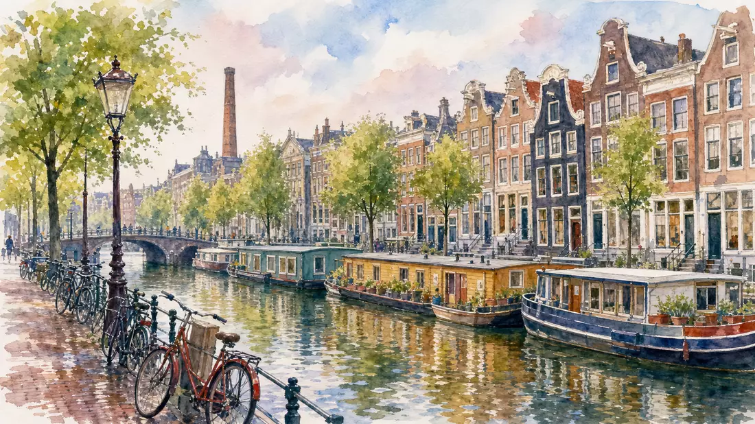 Aquarellmalerei einer Amsterdamer Gracht mit Grachtenhäusern und alten Ziegelbauten