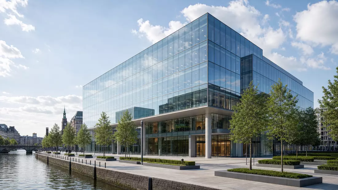 Architektur-Rendering eines modernen Glasbürogebäudes an einem europäischen Kanal