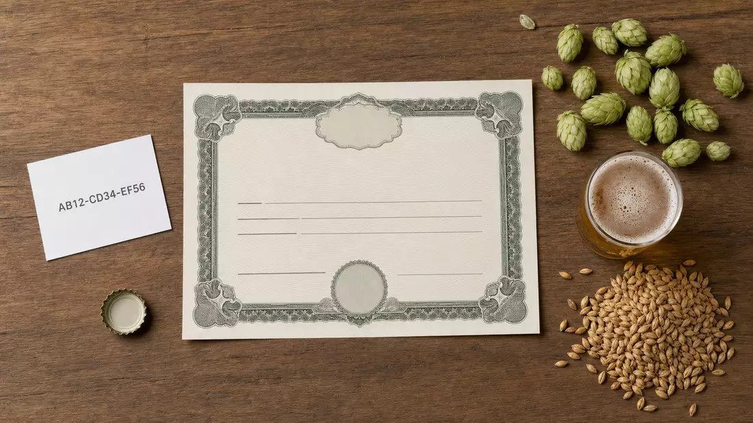 Flatlay mit Aktienzertifikat, Codekarte, Hopfendolden und Gerstenmalz auf Holztisch
