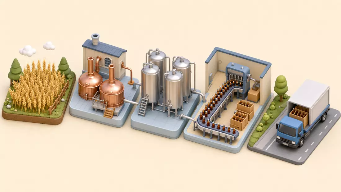 Isometrische 3D-Grafik der Bierproduktion von Getreidefeld bis Lieferwagen