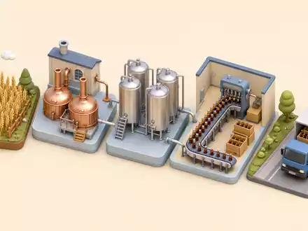 Heineken N.V. (NL0000009165) zeigt isometrisch die Wertschöpfungskette vom Gerstenfeld über die Brauerei bis Auslieferung - Foto: THN
