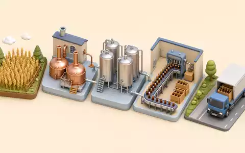 Heineken N.V. (NL0000009165) zeigt isometrisch die Wertschöpfungskette vom Gerstenfeld über die Brauerei bis Auslieferung - Foto: THN
