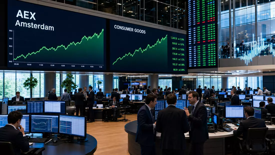 Trading-Floor mit AEX-Amsterdam-Charts und Konsumgüter-Sektordaten auf Bildschirmen