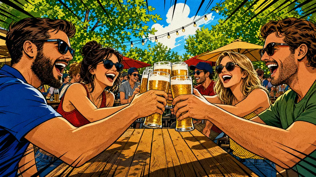 Pop-Art-Comic von Freunden, die unbedruckte Biergläser im Biergarten anstoßen