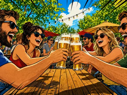 Heineken N.V. (NL0000009165) inspiriert eine fröhliche, farbenfrohe Pop-Art-Szene mit Freunden im sommerlichen europäischen Biergarten - Foto: THN
