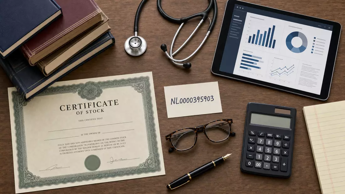 Flatlay mit Aktienzertifikat und ISIN-Karte zu Wolters Kluwer N.V., NL0000395903
