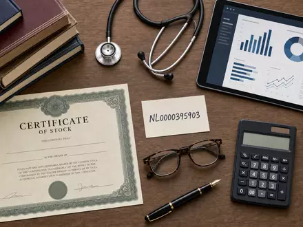 Dieses Flatlay vereint Aktienzertifikat, ISIN-Karte und Fachliteratur und symbolisiert Wolters Kluwer N.V. (NL0000395903) - Foto: THN