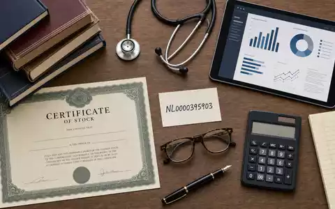 Dieses Flatlay vereint Aktienzertifikat, ISIN-Karte und Fachliteratur und symbolisiert Wolters Kluwer N.V. (NL0000395903) - Foto: THN