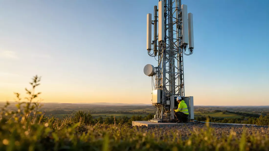 5G-Mobilfunkmast bei Sonnenuntergang, Techniker vor ländlicher Landschaft