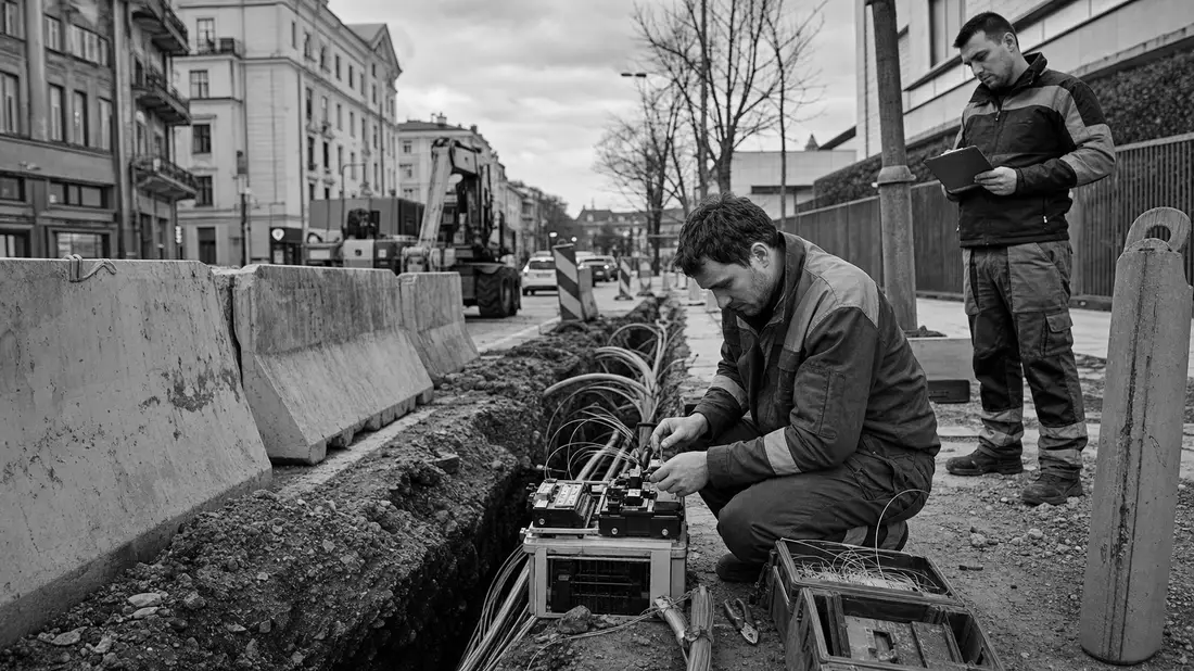 Schwarzweiß-Reportagefoto von Technikern bei Glasfaserverlegung in Straßengraben
