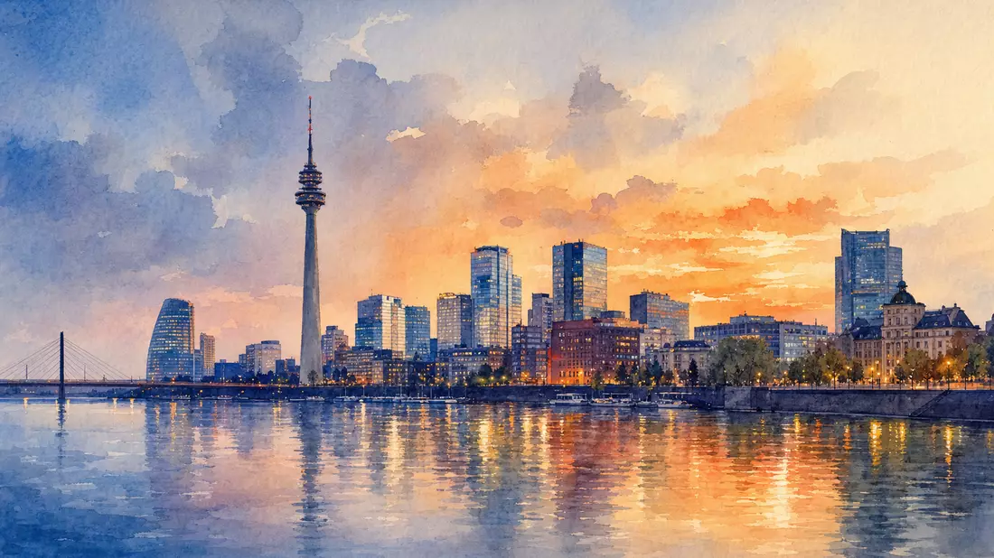 Aquarellmalerei einer Stadtsilhouette mit Fernsehturm bei Sonnenuntergang am Fluss