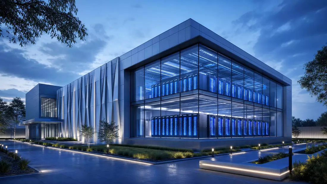 Architektur-Render eines beleuchteten Rechenzentrums mit Glasfassade in der Dämmerung