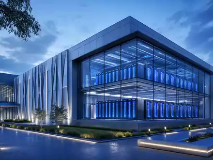 Vodafone Group plc (ISIN GB00BH4HKS39) betreibt moderne Rechenzentren, dargestellt in diesem futuristischen Architektur-Render bei Nacht - Foto: THN