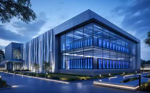 Vodafone Group plc (ISIN GB00BH4HKS39) betreibt moderne Rechenzentren, dargestellt in diesem futuristischen Architektur-Render bei Nacht - Foto: THN