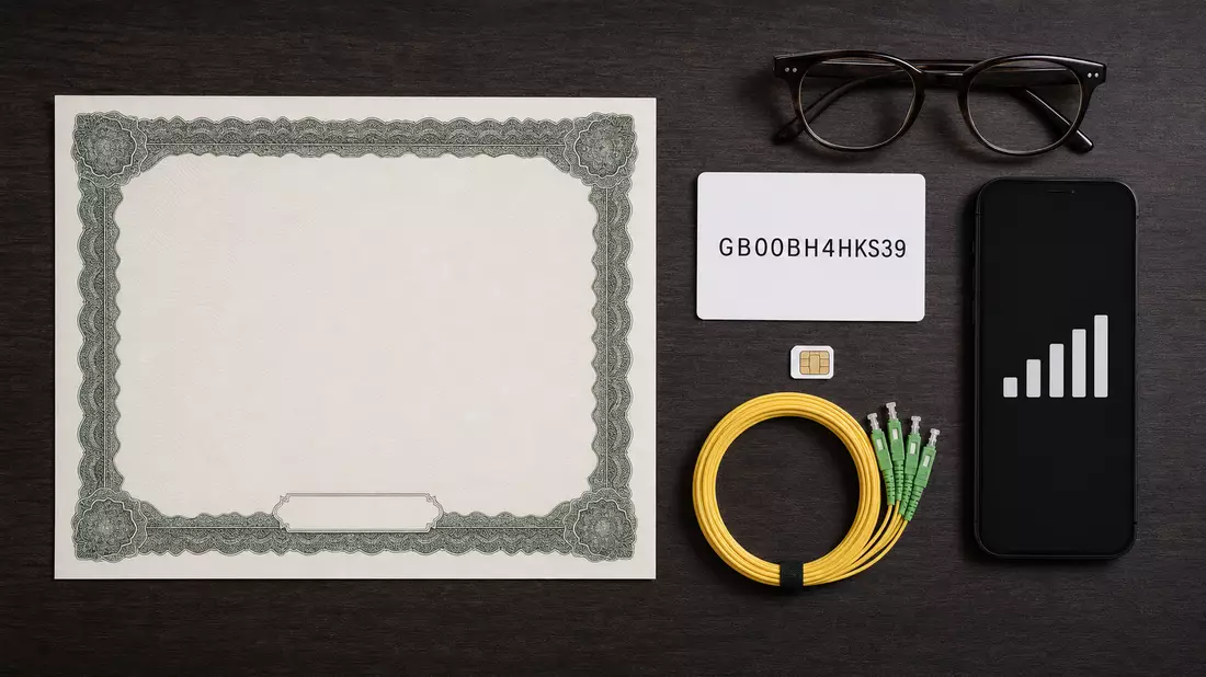 Flatlay mit Aktienzertifikat, ISIN-Karte, SIM-Karte, Glasfaserkabel und Smartphone