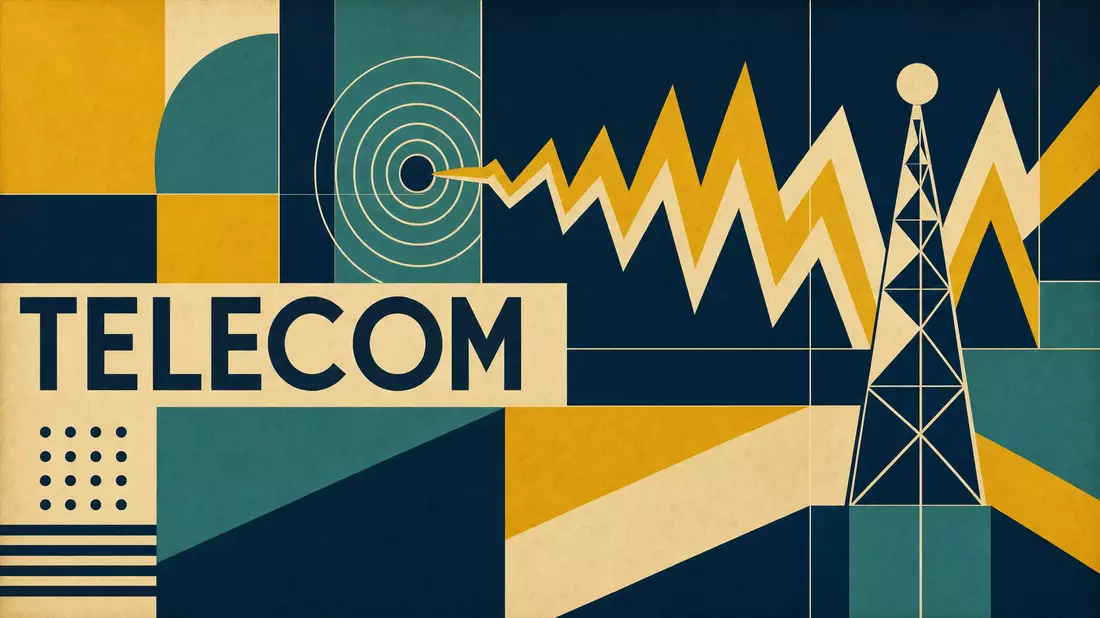 Geometrisches Bauhaus-Poster mit Funkmast, Signalwellen und Schriftzug TELECOM