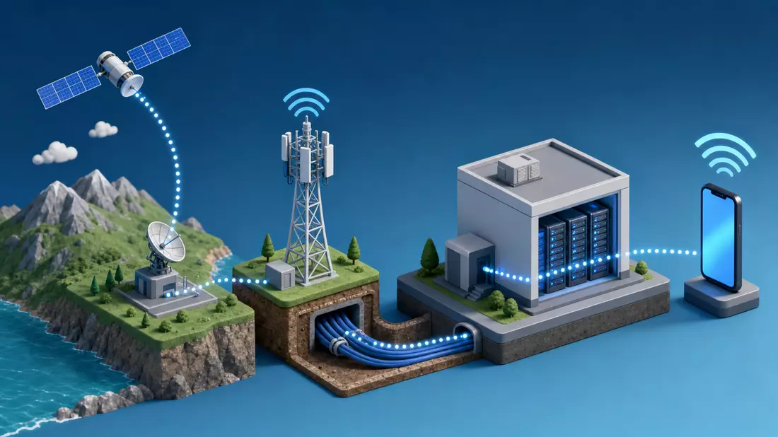 Isometrische 3D-Grafik der Netzwerkkette von Satellit über Funkmast bis Smartphone