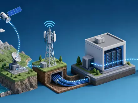 Vodafone Group plc (ISIN GB00BH4HKS39) verbindet Satellit, Funkmast und Rechenzentrum, dargestellt in dieser isometrischen 3D-Illustration - Foto: THN