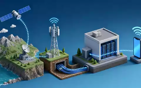 Vodafone Group plc (ISIN GB00BH4HKS39) verbindet Satellit, Funkmast und Rechenzentrum, dargestellt in dieser isometrischen 3D-Illustration - Foto: THN