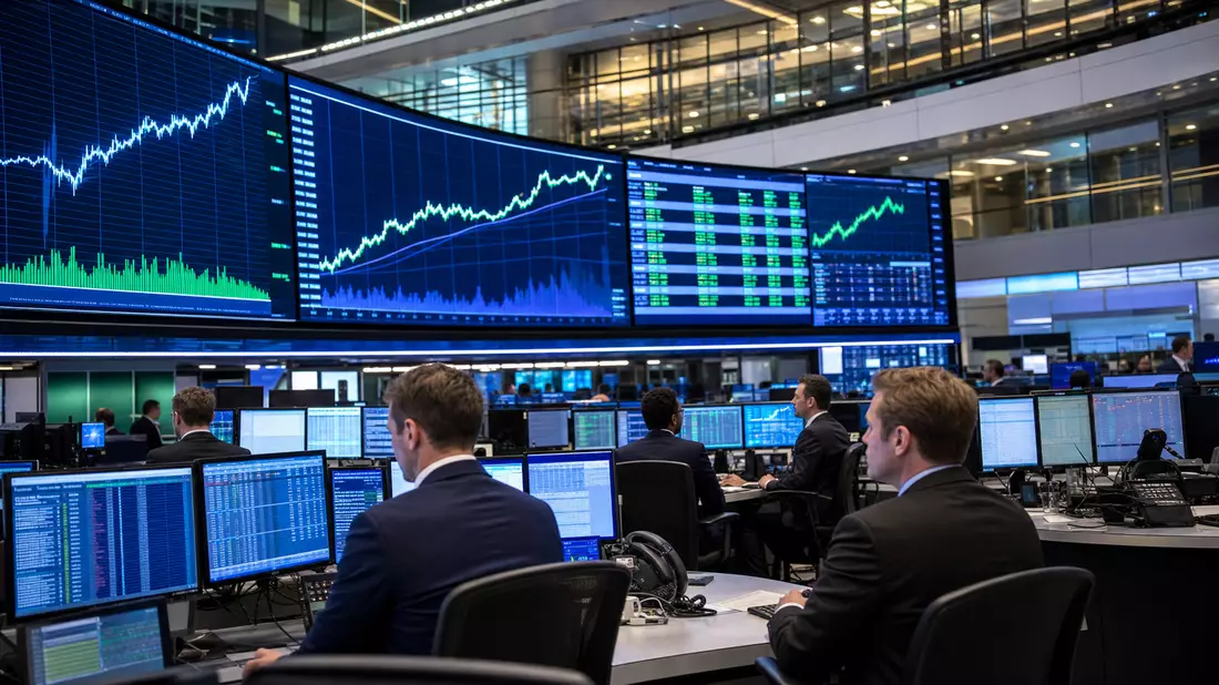 Trading-Floor mit Händlern vor Bildschirmen und ansteigenden Aktiencharts