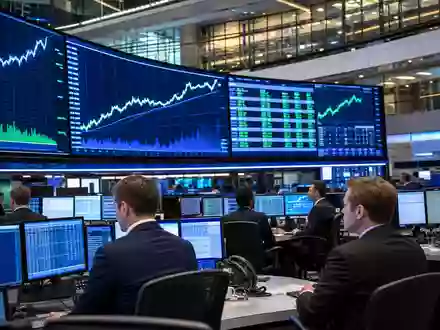 Vodafone Group plc (ISIN GB00BH4HKS39) notiert in London, gezeigt durch belebten Trading-Floor mit Aktiencharts - Foto: THN
