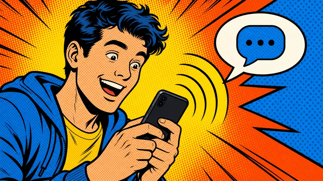 Pop-Art-Comic einer Person mit Smartphone, Signalwellen und Sprechblase im Retro-Stil