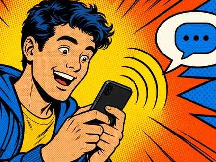 Vodafone Group plc (ISIN GB00BH4HKS39) ermöglicht mobile Kommunikation, dargestellt in dieser farbenfrohen Pop-Art-Comic-Illustration eines Nutzers - Foto: THN