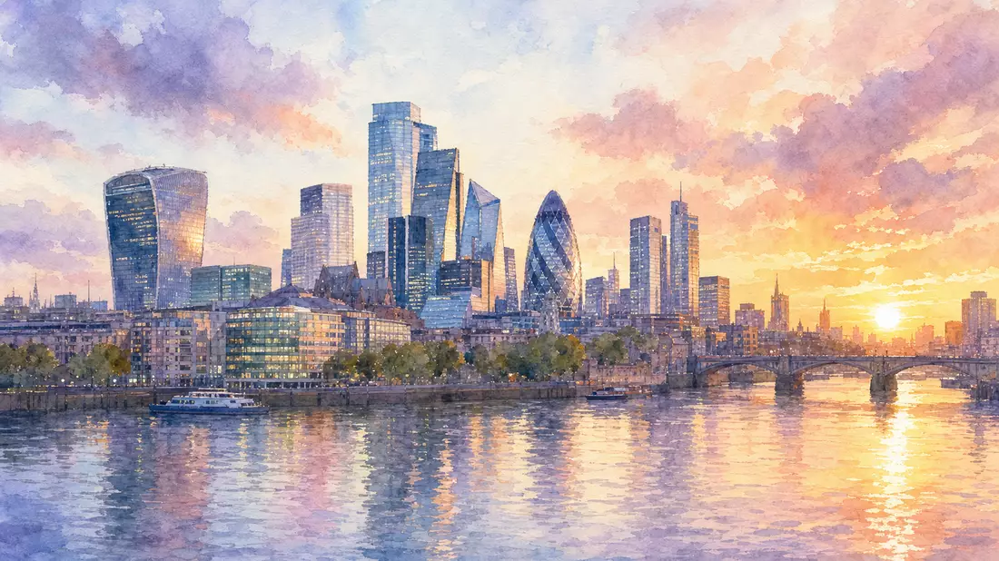 Aquarell der Londoner Skyline mit Wolkenkratzern entlang der Themse