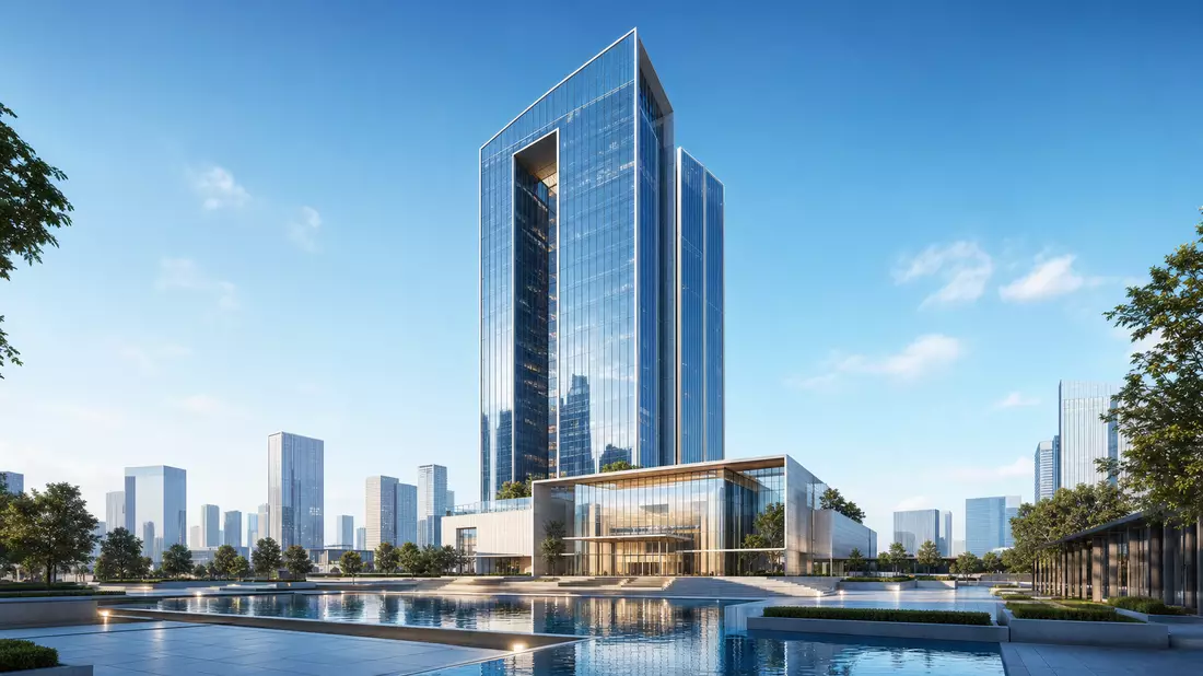 Architektur-Render eines gläsernen Bankhochhauses mit Wasserbecken