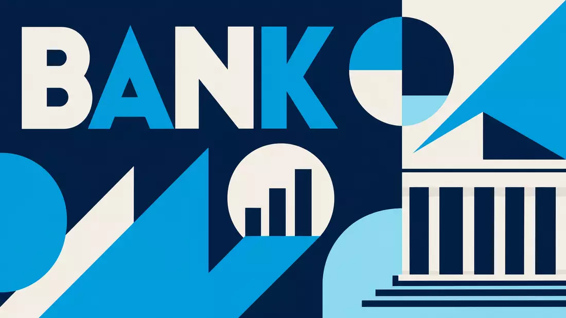 Bauhaus-Poster mit geometrischen Formen und Text BANK in Blau und Weiß