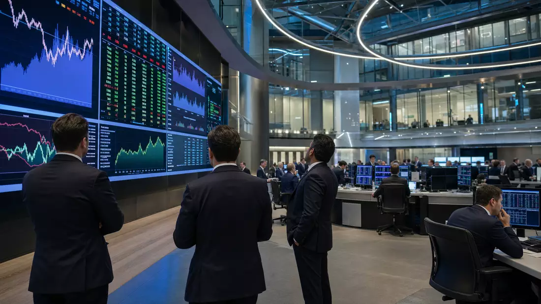 Trading-Floor mit Händlern und großen Bildschirmen voller Finanzcharts im Bankensektor