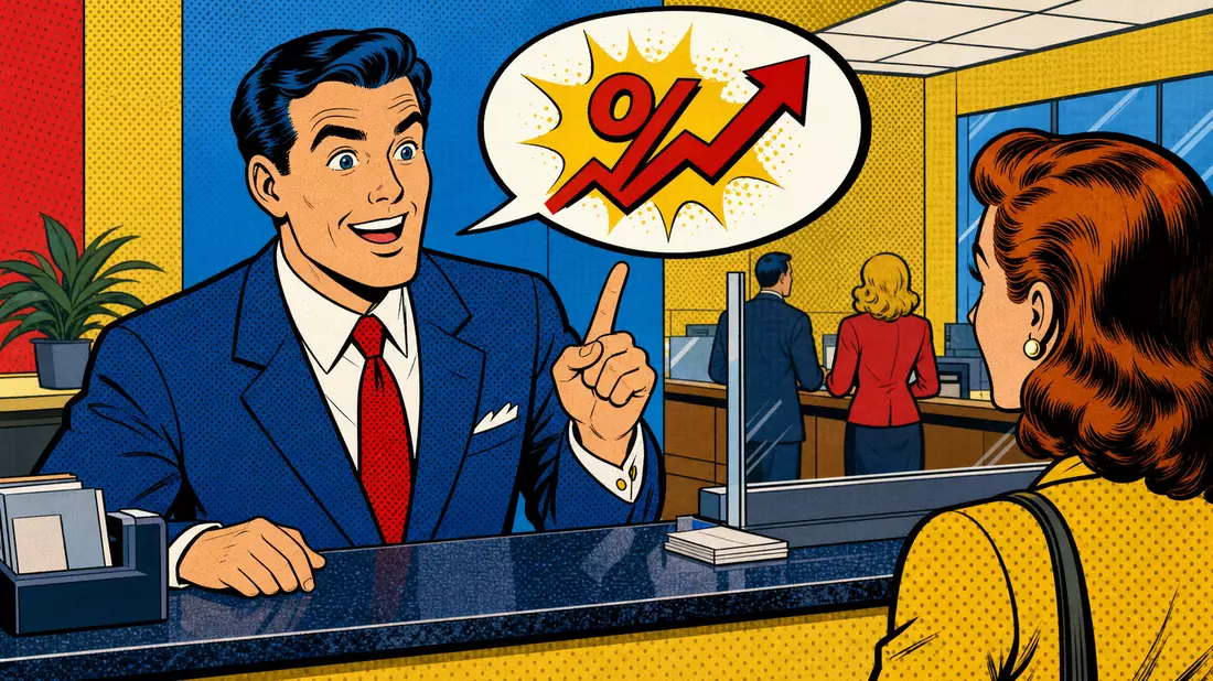Pop-Art-Comic zeigt lächelnden Bankangestellten am Schalter mit Wachstumssymbol